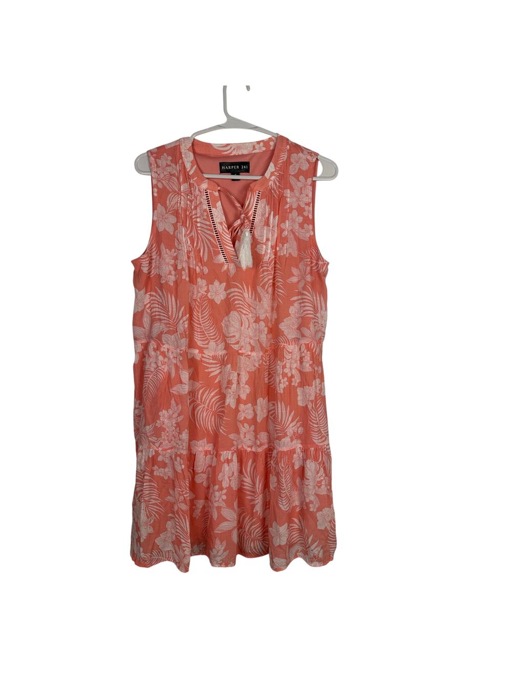 Harper 241 sleeveless tiered dress coral floral print tasseled keyhole Small